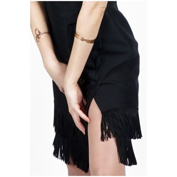 Vintage 60's Mod Black Sleeveless Dress w Fringed Collar & High Side Slit | S/M - Picture 5 of 6